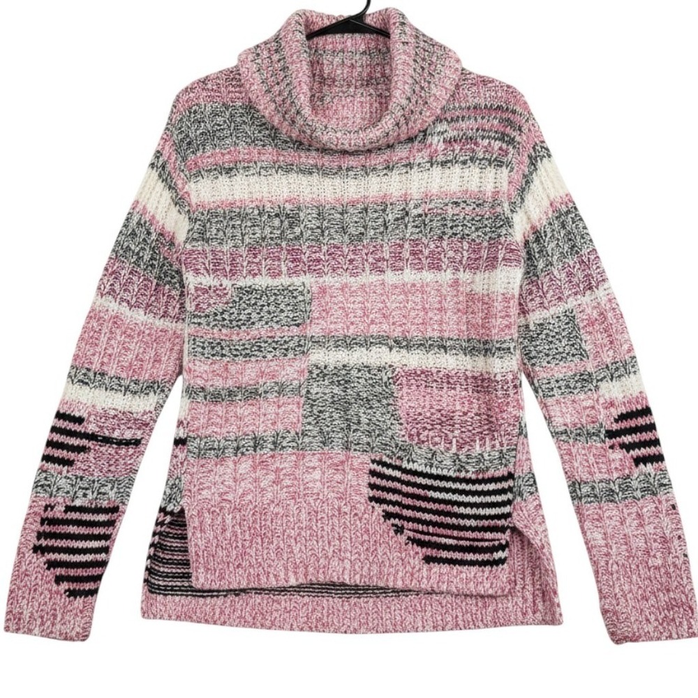 Sparrow Anthropologie Pink Multi Color Cowl Neck Intarsia Knit Sweater Small